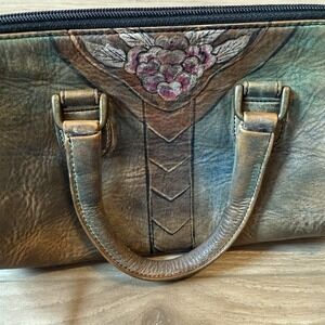 Jane Yoo Hand Painted Leather‎ Crossbody Purse Wearable Art Vintage